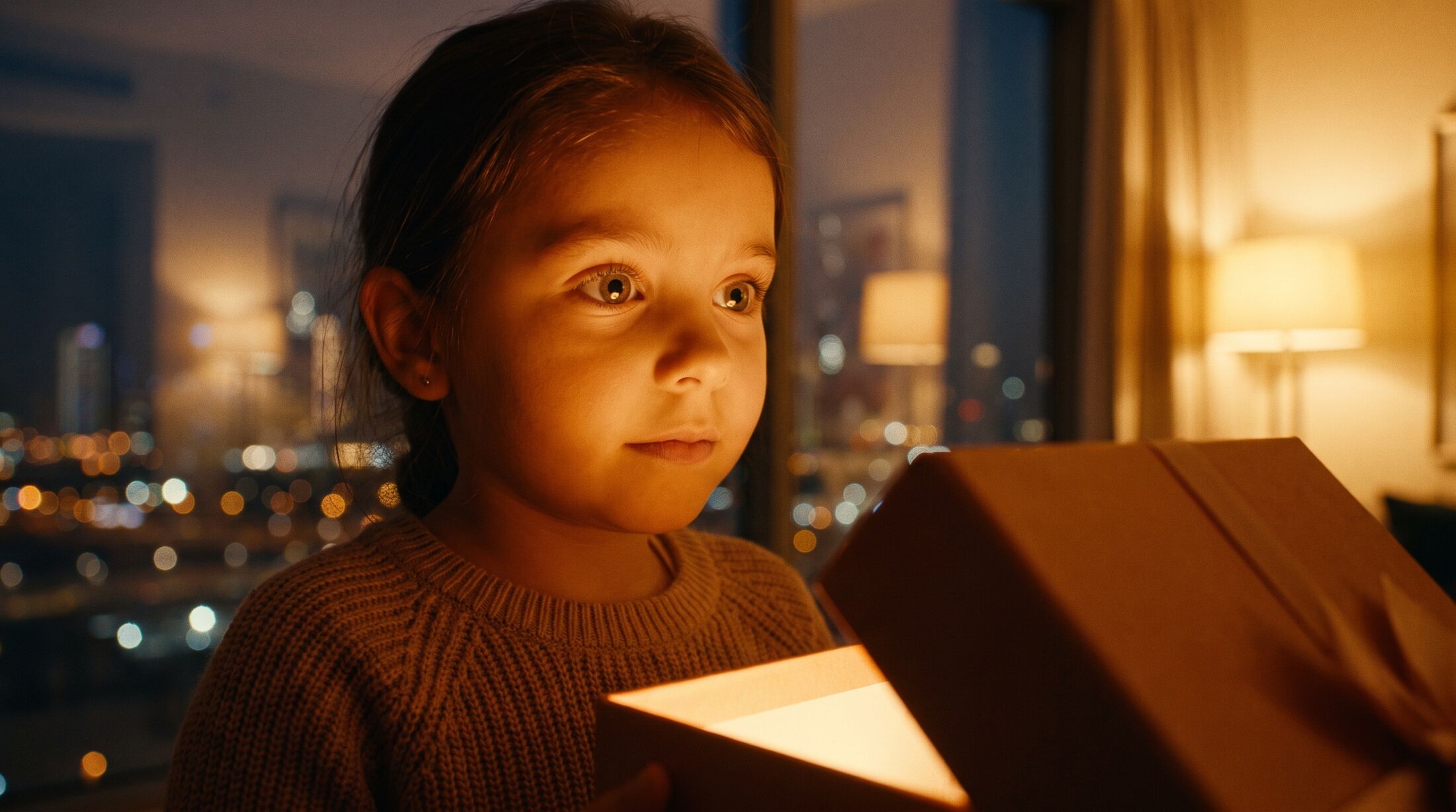 A girl's face lit by a warm glow as she opens a gift, with the Dubai skyline behind her